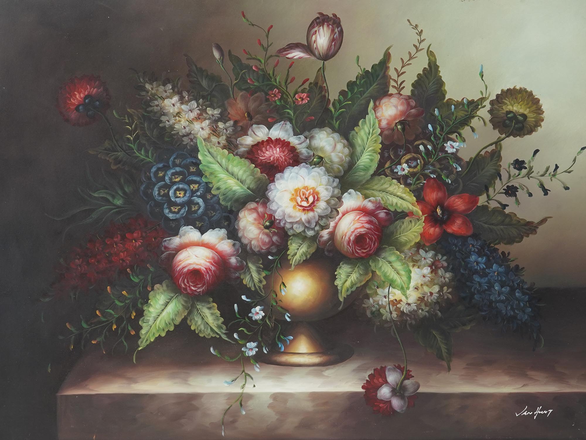 AMERICAN FLORAL STILL LIFE PAINTING BY VAN HUNT PIC-1